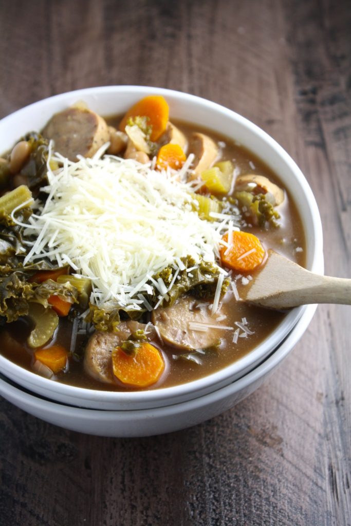 crockpot tuscan white bean, kale & sausage soup | cait's plate