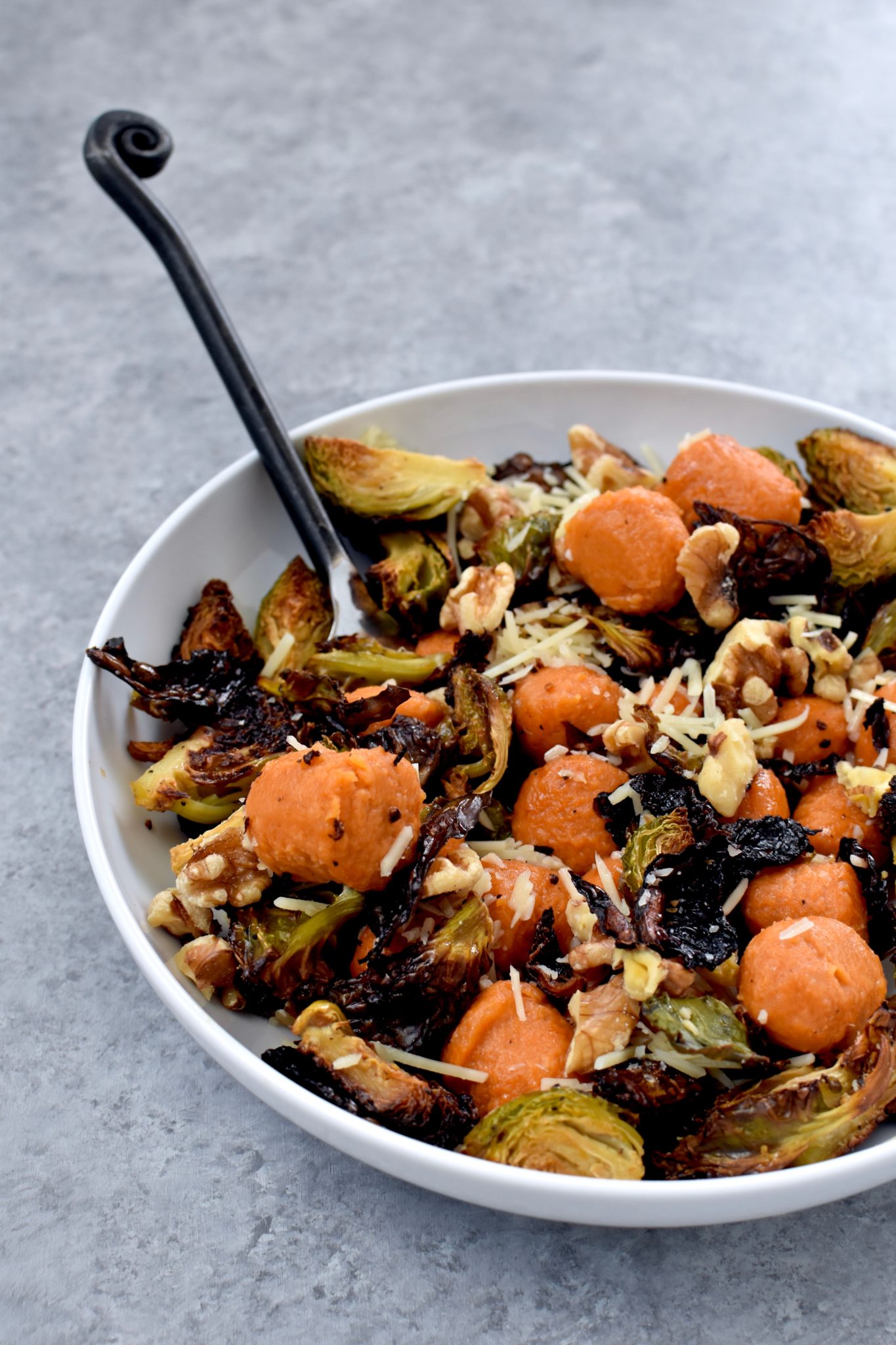 sweet potato gnocchi with roasted brussel sprouts, dried cranberries, walnuts & parmesan // cait's plate