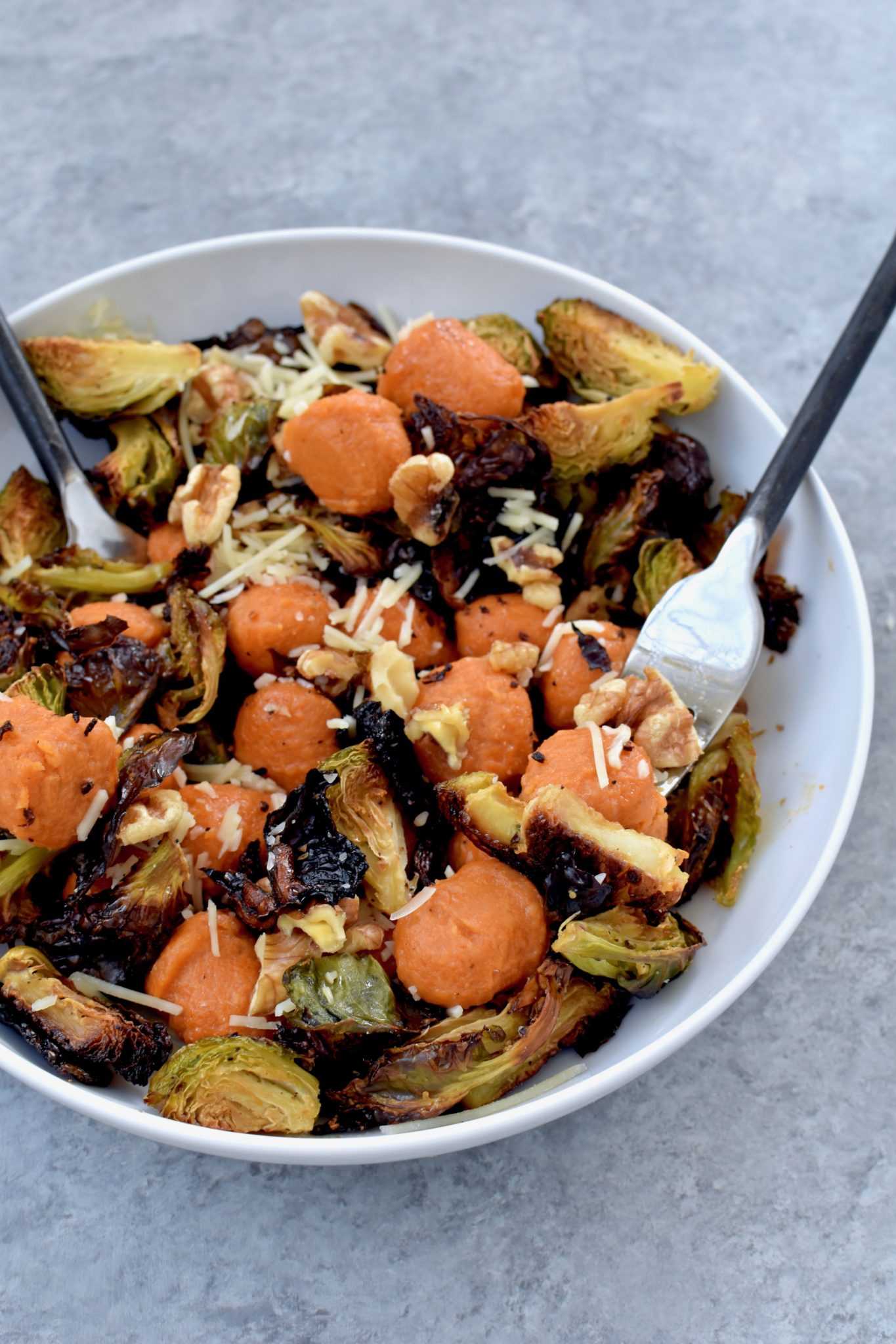 sweet potato gnocchi with roasted brussel sprouts, dried cranberries, walnuts & parmesan // cait's plate