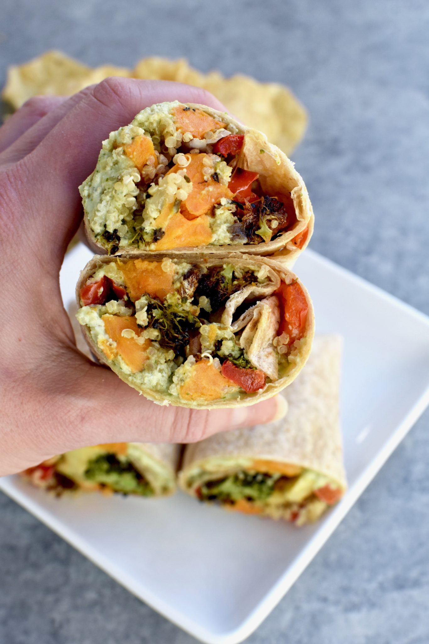 roasted veggie and quinoa wrap with cilantro lime cashew sauce // cait's plate
