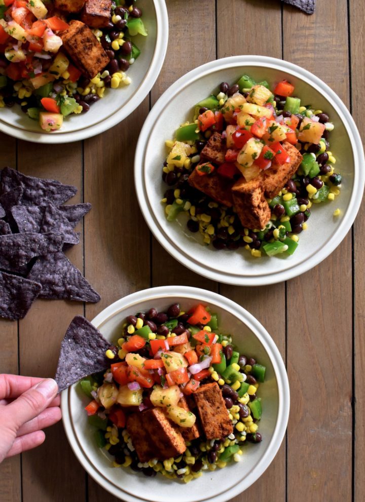 chili-spiced tofu bowl with pepper lime corn and pineapple salsa // cait's plate