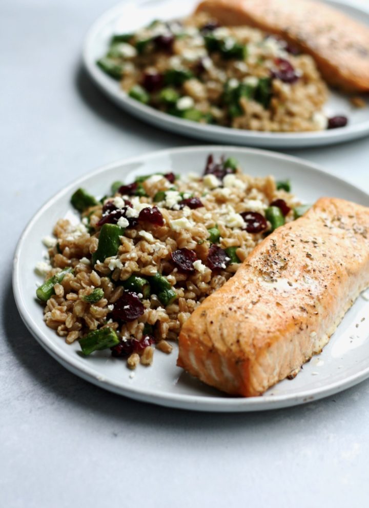 oven roasted salmon with feta, asparagus & cranberry farro // cait's plate