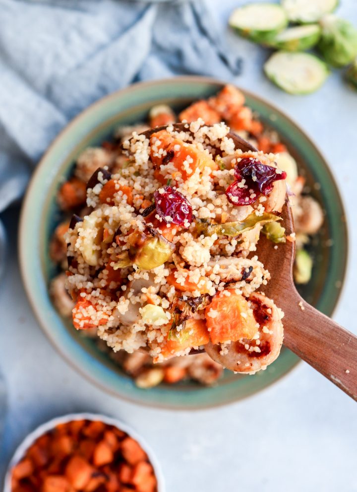 roasted root vegetable couscous with chicken apple sausage