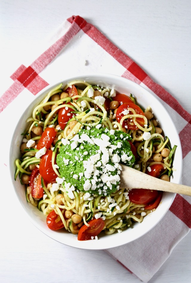 easy veggie-packed mediterranean zucchini noodles with kale walnut pesto - an easy and delicious way to get tons of nutrition in one dish! // cait's plate