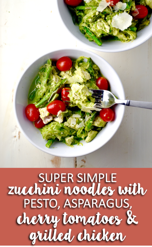 super simple zucchini noodles with pesto, asparagus, cherry tomatoes & grilled chicken - packed with veggies and on your table in under 30 minutes! // cait's plate