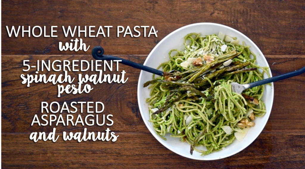 whole wheat pasta with 5-ingredient spinach walnut pesto, roasted asparagus and walnuts // cait's plate