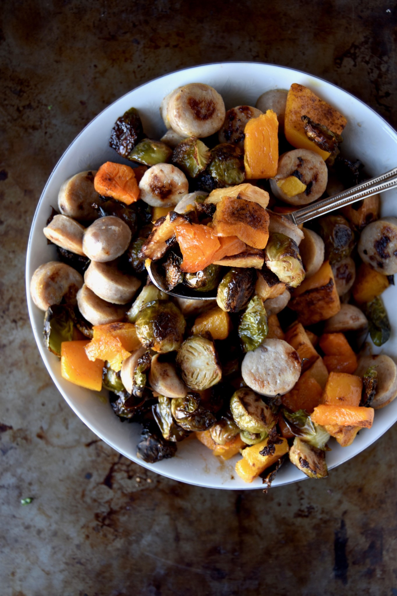 harvest roasted root vegetables and chicken apple sausage - a fully roasted dinner packed with veggies and protein // cait's plate