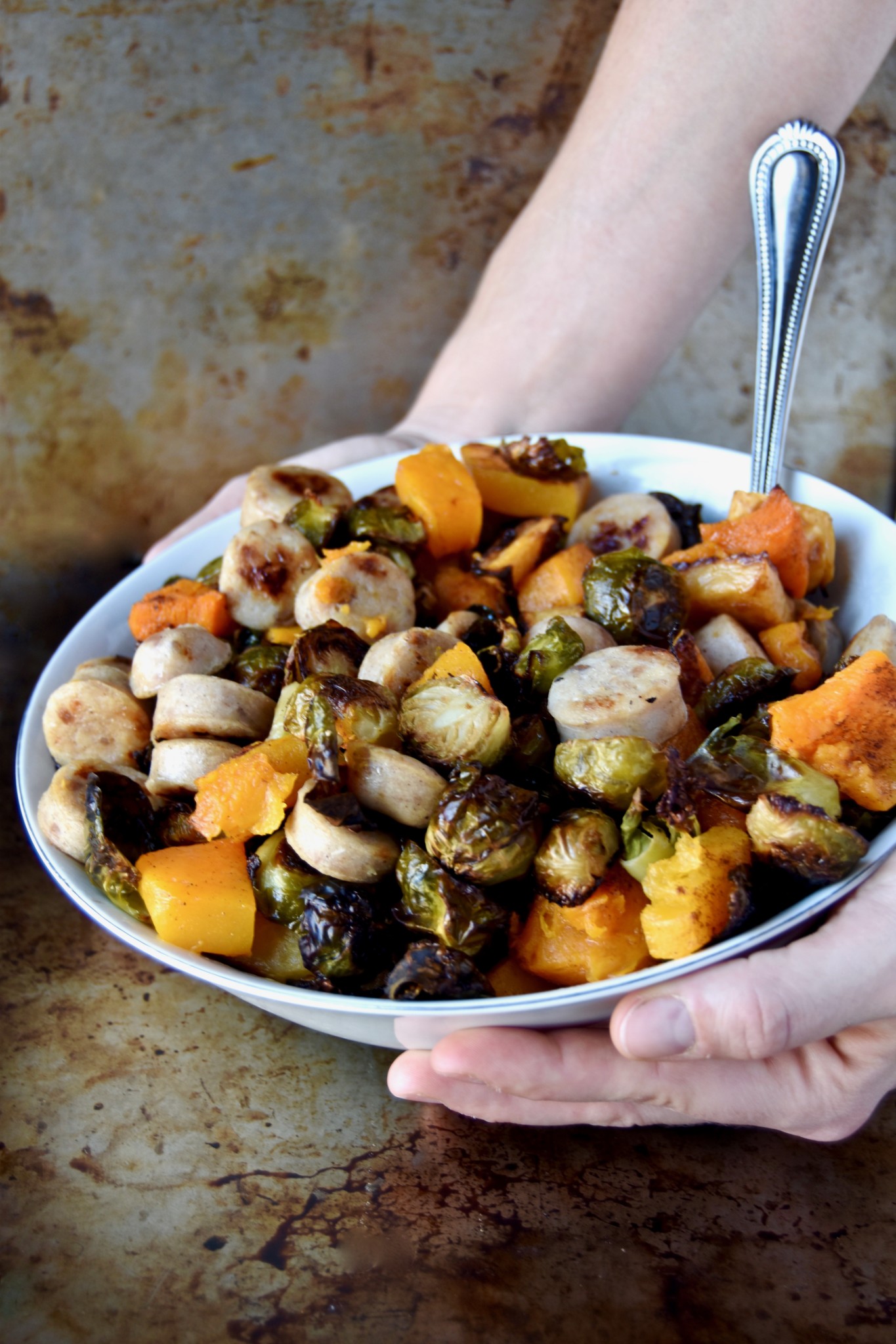 harvest roasted root vegetables and chicken apple sausage - a fully roasted dinner packed with veggies and protein // cait's plate