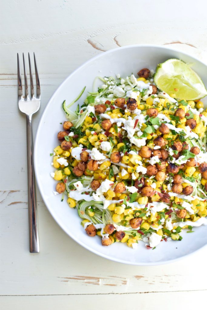 mexican corn zucchini noodles with chili-lime roasted chickpeas // cait's plate