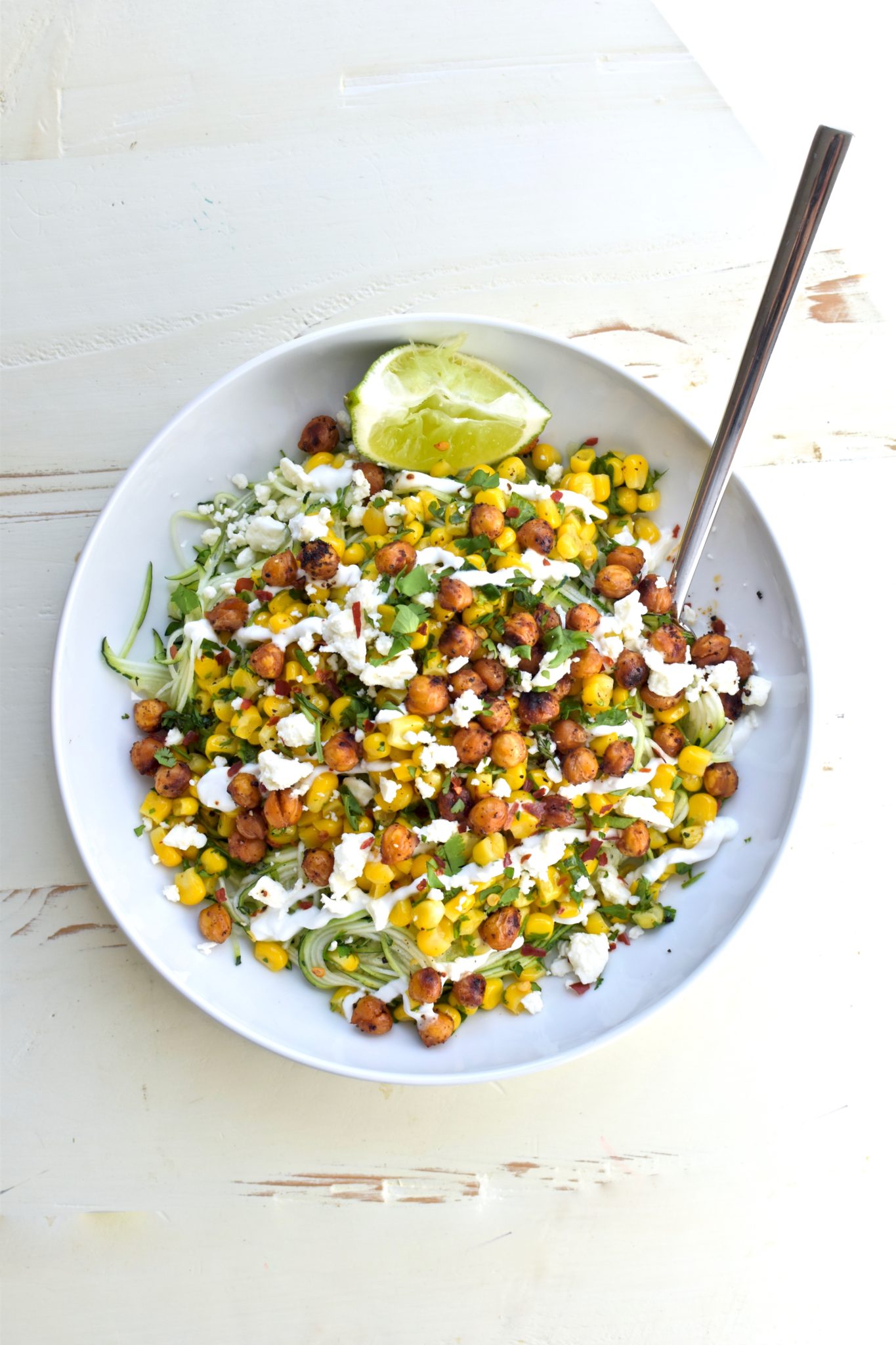 mexican corn zucchini noodles with chili-lime roasted chickpeas // cait's plate