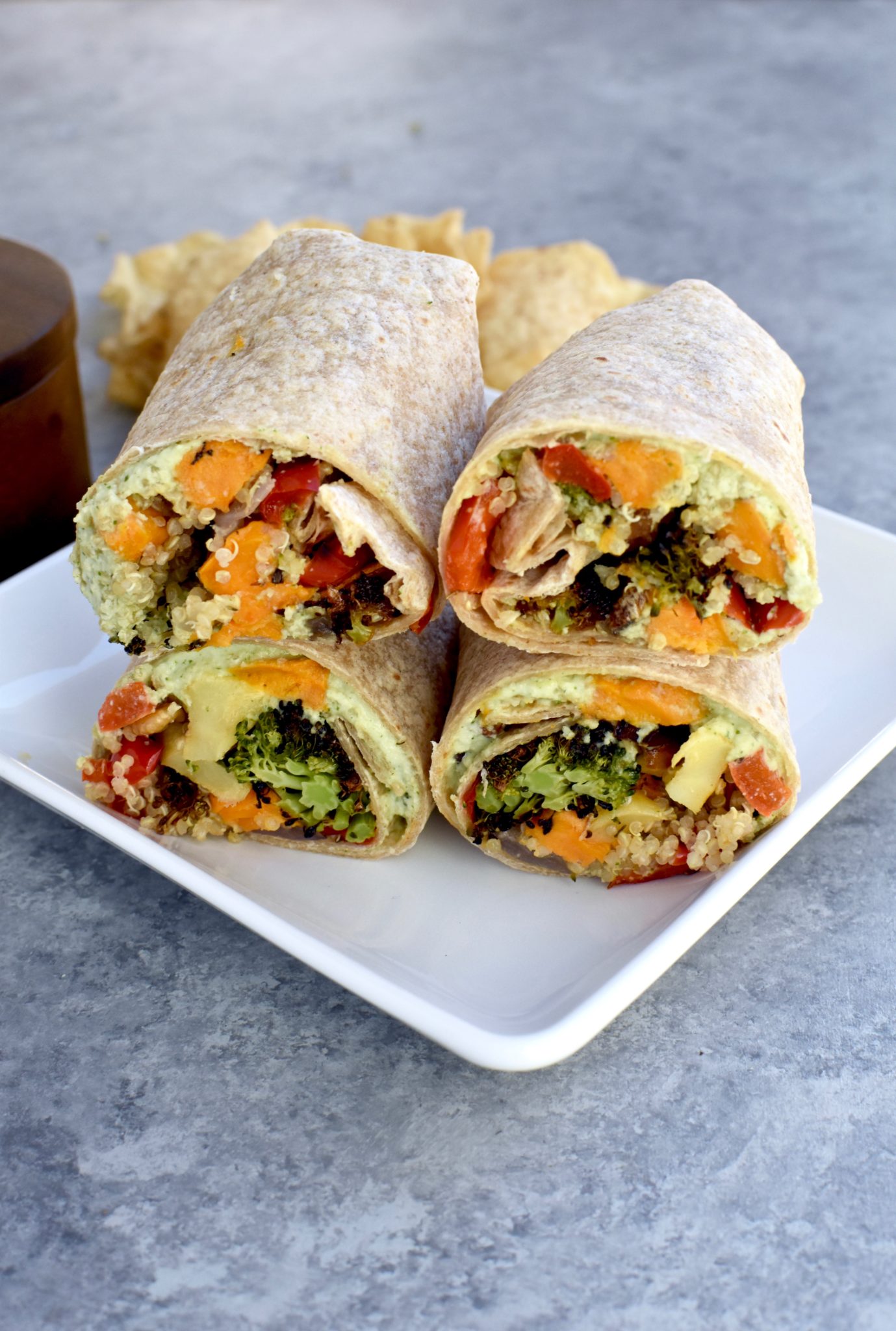 roasted veggie and quinoa wrap with cilantro lime cashew sauce // cait's plate