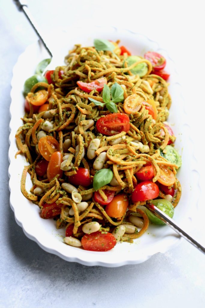 Spiralized Sweet Potato Noodles with Pesto & Coconut Bacon