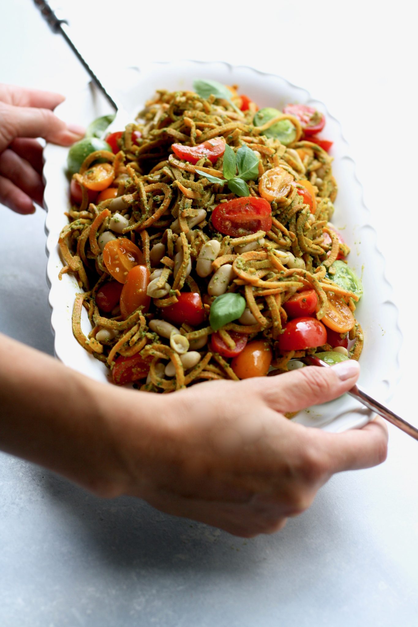 Spiralized Sweet Potato Noodles with Pesto & Coconut Bacon