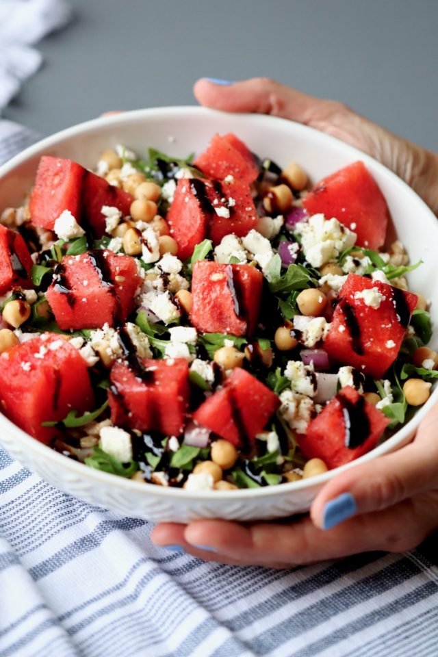 watermelon & feta farro bowl with chickpeas & arugula | cait's plate