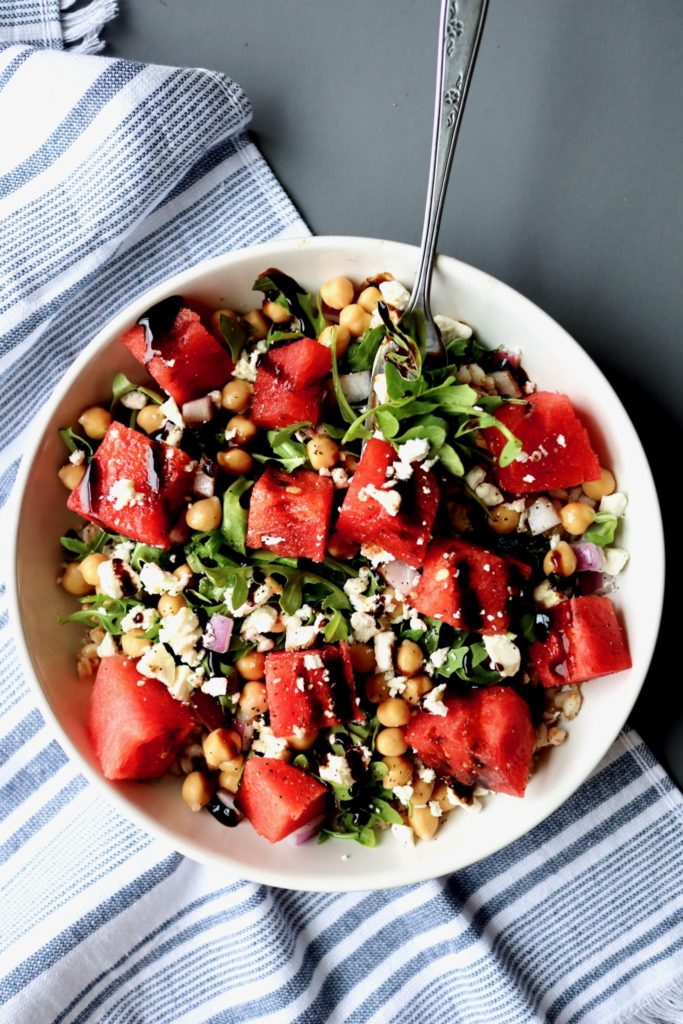 watermelon & feta farro bowl with chickpeas & arugula | cait's plate