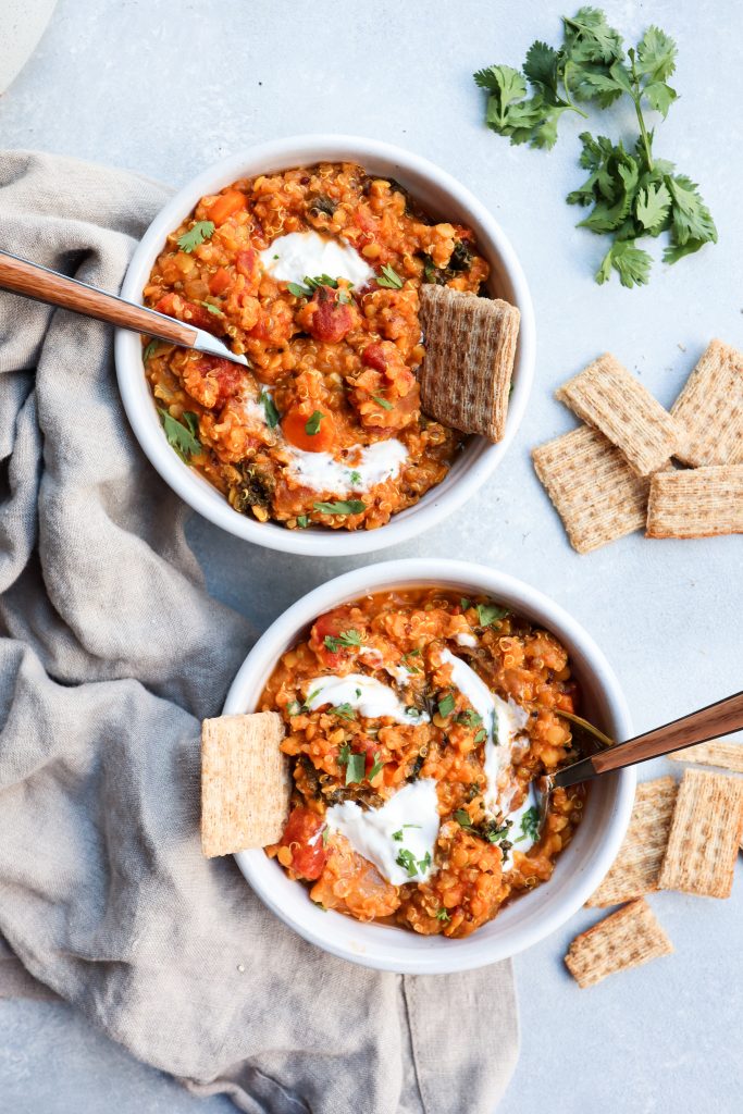 creamy red lentil, kale & quinoa stew | cait's plate