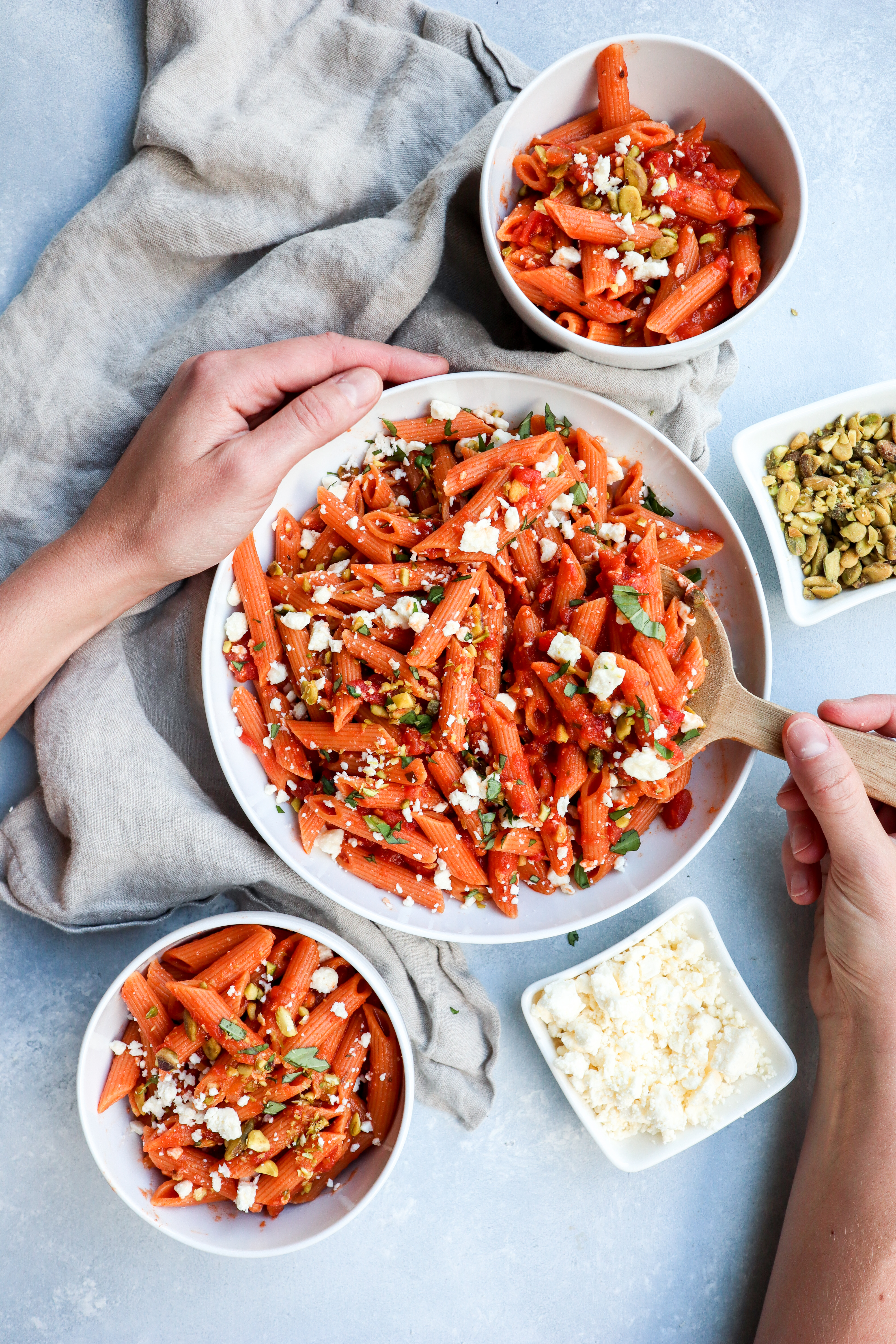 spicy red lentil pasta with feta & pistachios  // cait's plate