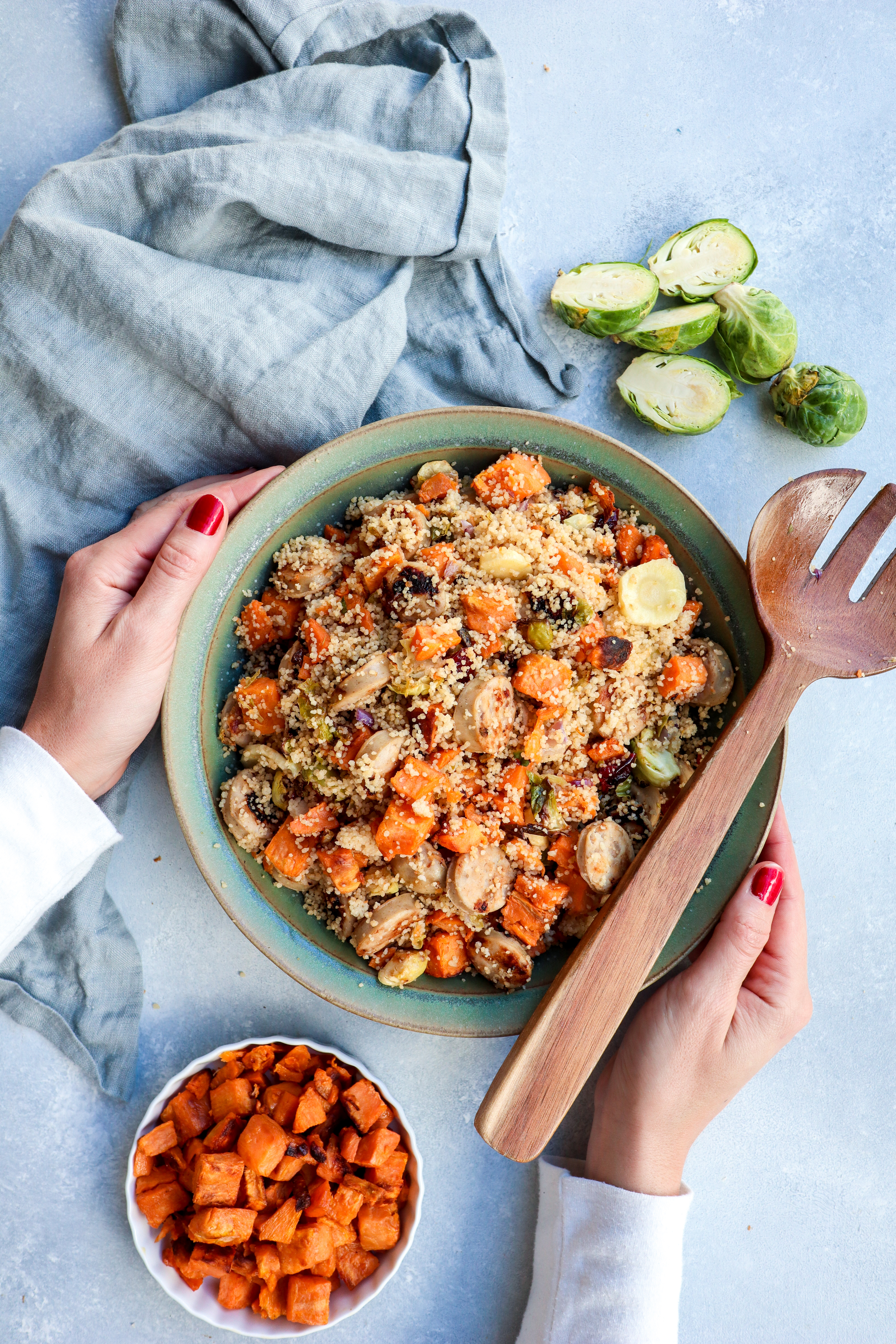 roasted root vegetable couscous with chicken apple sausage