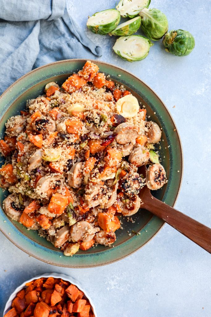 roasted root vegetable couscous with chicken apple sausage | cait's plate