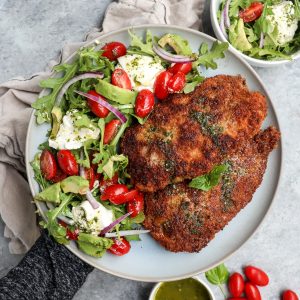 easy chicken milanese with arugula salad // cait's plate