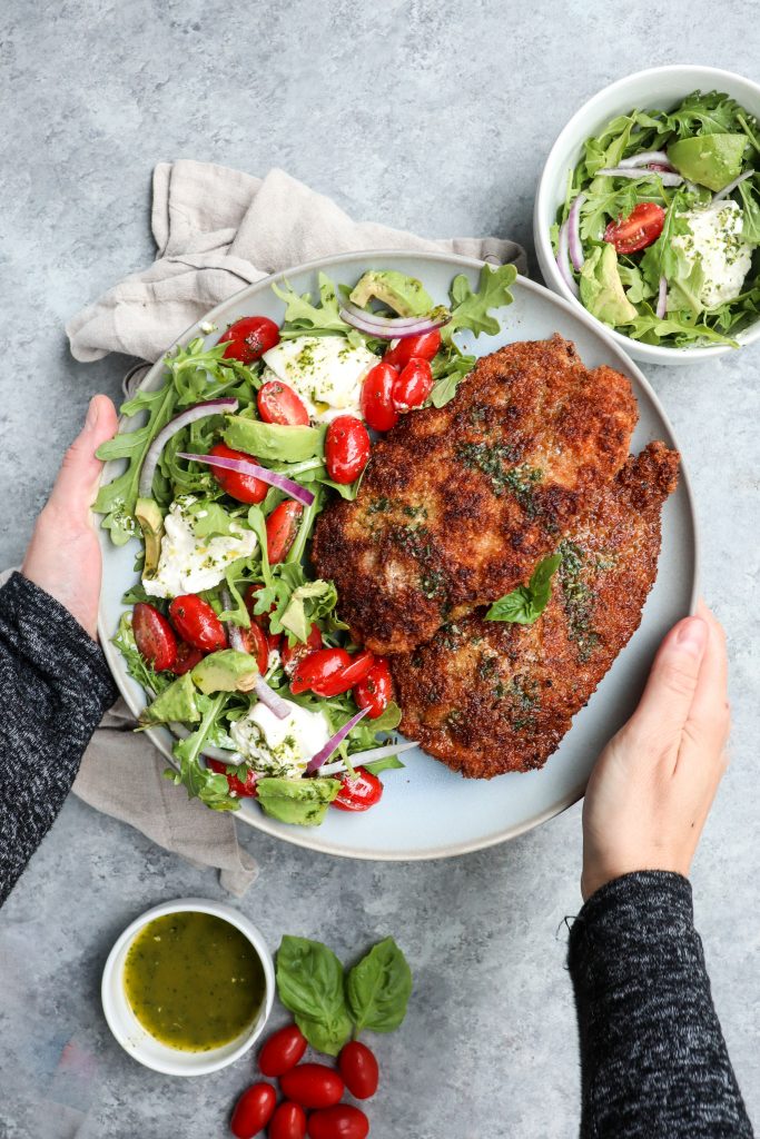 easy chicken milanese with arugula salad cait s plate