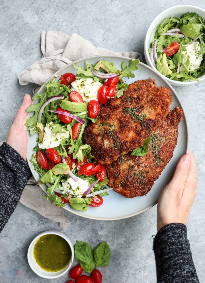 easy chicken milanese with arugula salad // cait's plate