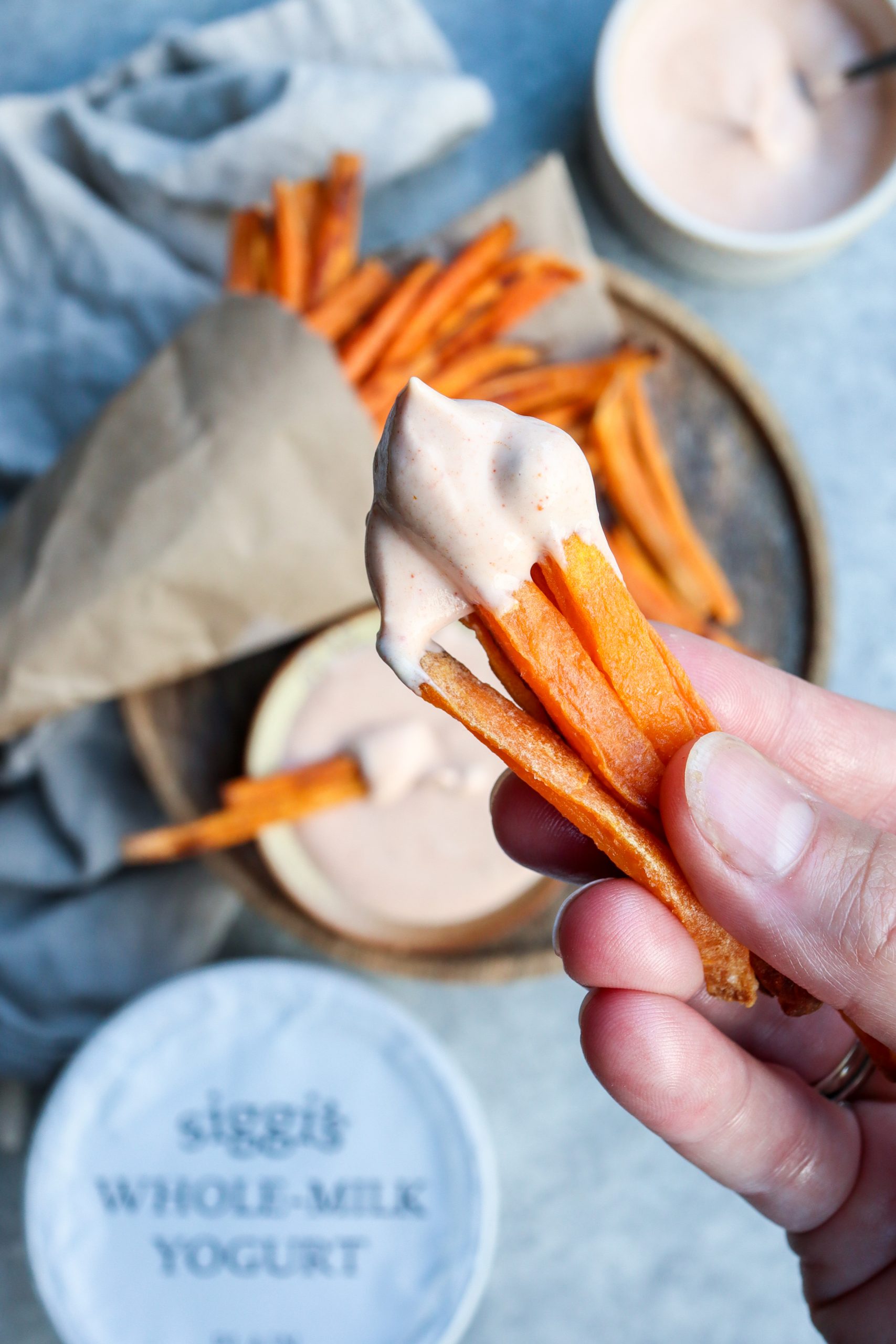 easy baked sweet potato fries with best ever fry dip // cait's plate